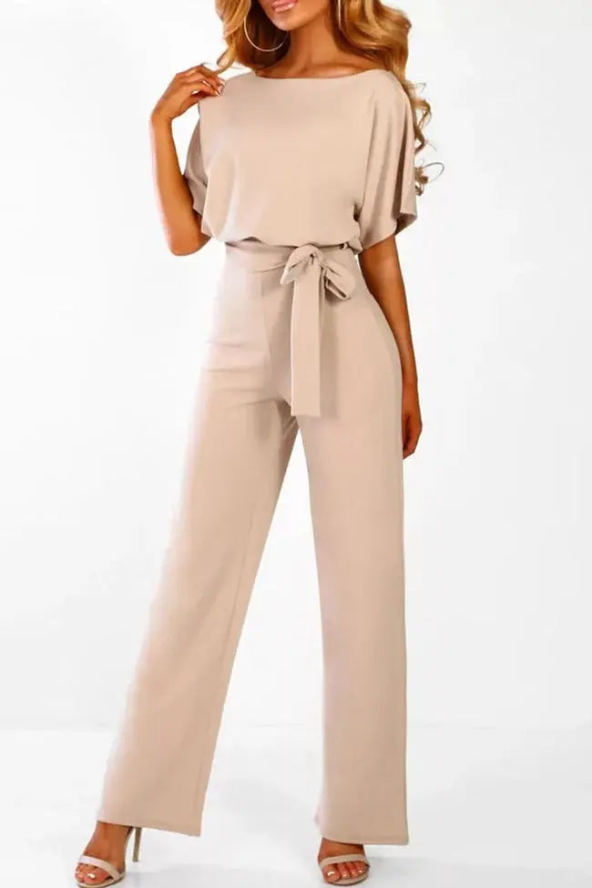 Women's Wide Leg Jumpsuit with Bateau Neckline and Tie Waist