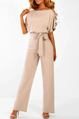 Women's Wide Leg Jumpsuit with Bateau Neckline and Tie Waist