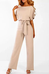 Women's Wide Leg Jumpsuit with Bateau Neckline and Tie Waist