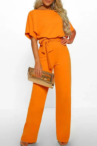 Women's Wide Leg Jumpsuit with Bateau Neckline and Tie Waist