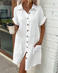 Women's Mini Shirt Dress with Short Sleeves and Side Pockets
