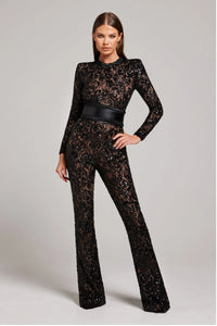 Women's Sequin Wide Leg Jumpsuit with Long Sleeves and Belt