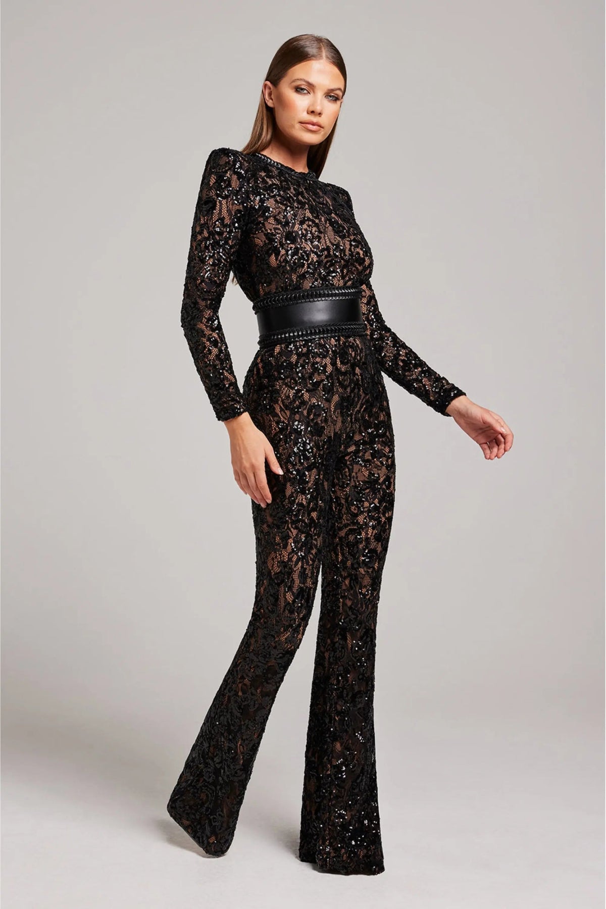 Women's Sequin Wide Leg Jumpsuit with Long Sleeves and Belt