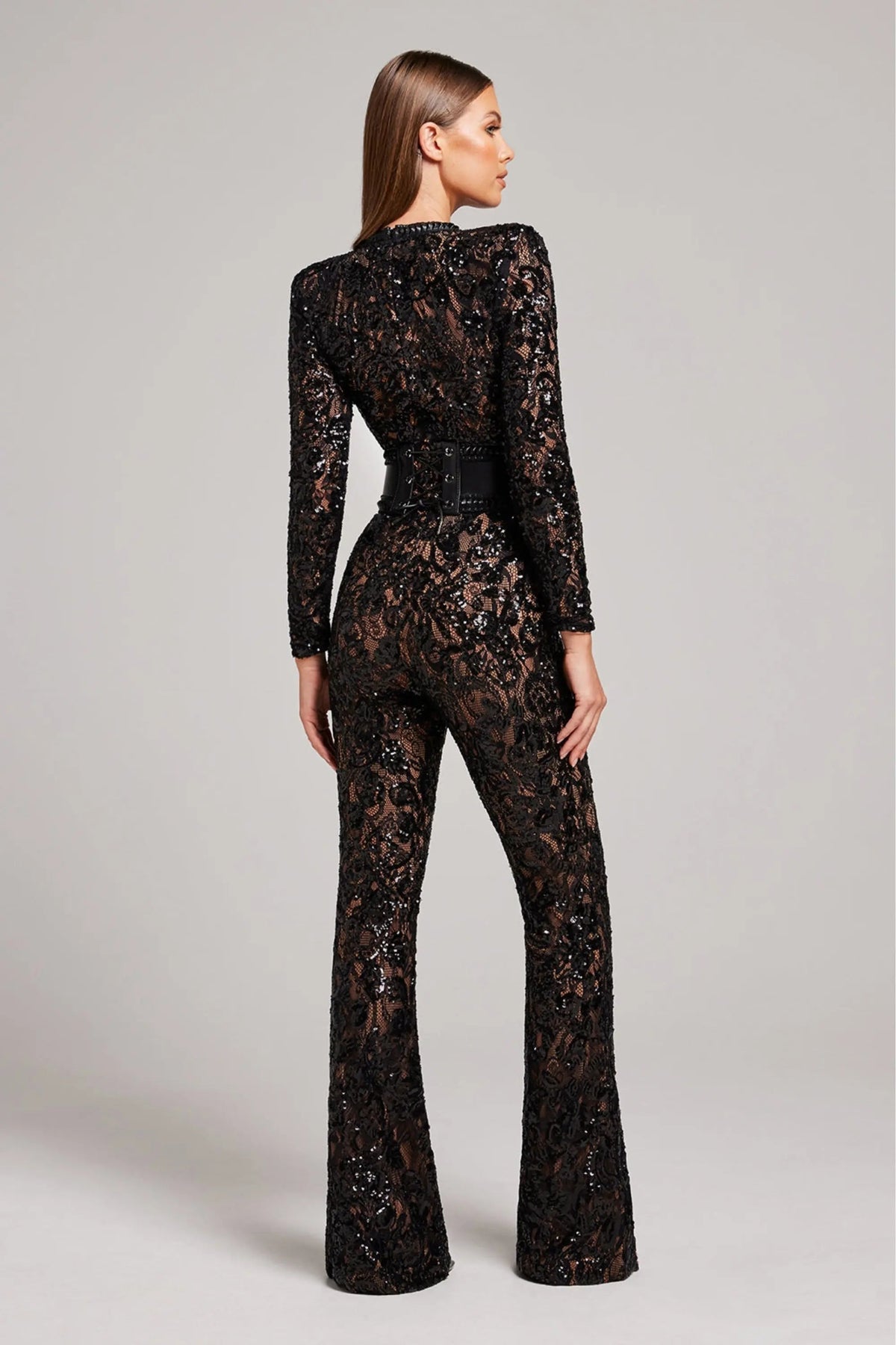 Women's Sequin Wide Leg Jumpsuit with Long Sleeves and Belt