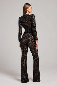 Women's Sequin Wide Leg Jumpsuit with Long Sleeves and Belt