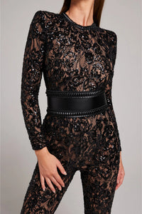 Women's Sequin Wide Leg Jumpsuit with Long Sleeves and Belt