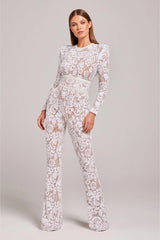 Women's Sequin Wide Leg Jumpsuit with Long Sleeves and Belt