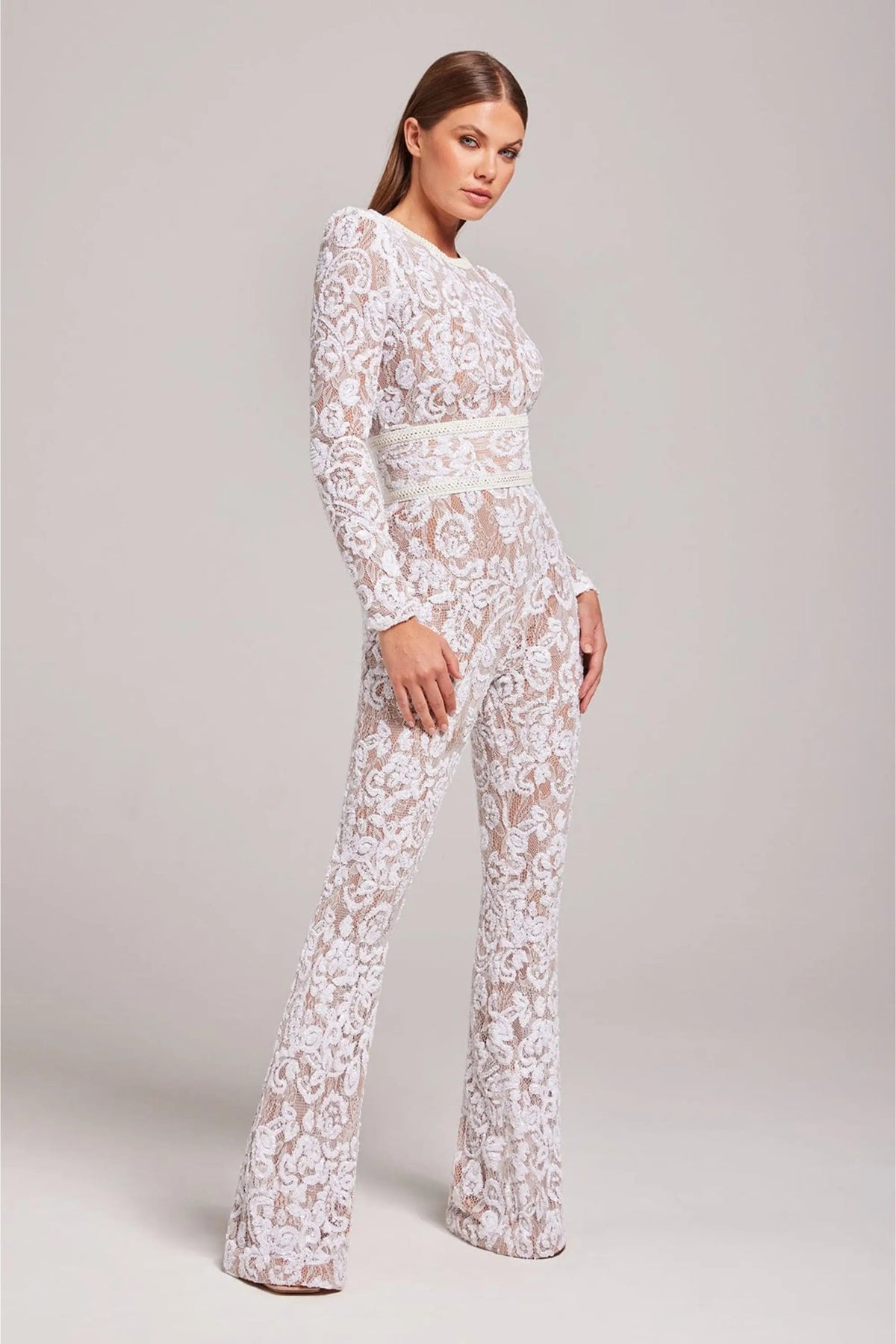 Women's Sequin Wide Leg Jumpsuit with Long Sleeves and Belt