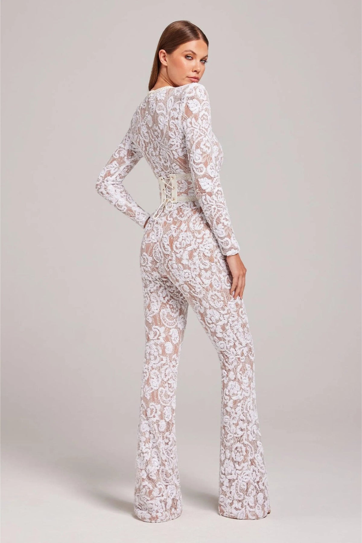 Women's Sequin Wide Leg Jumpsuit with Long Sleeves and Belt
