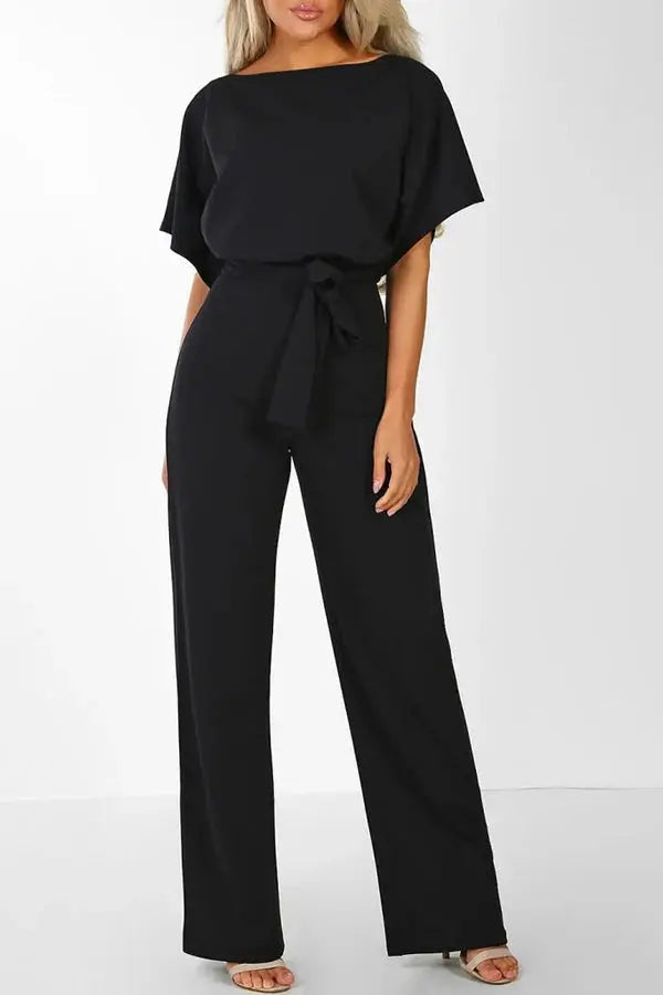 Women's Wide Leg Jumpsuit with Bateau Neckline and Tie Waist