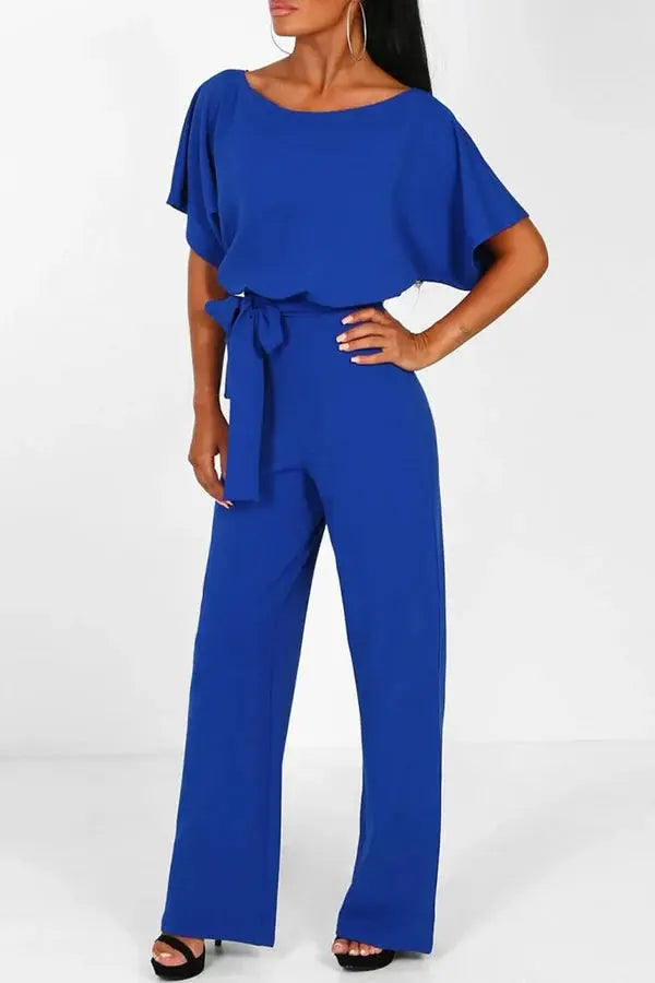 Women's Wide Leg Jumpsuit with Bateau Neckline and Tie Waist