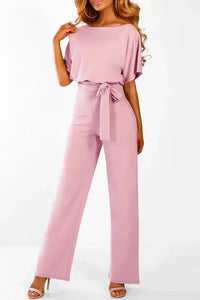 Women's Wide Leg Jumpsuit with Bateau Neckline and Tie Waist