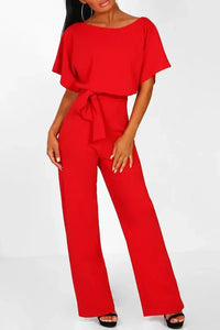 Women's Wide Leg Jumpsuit with Bateau Neckline and Tie Waist