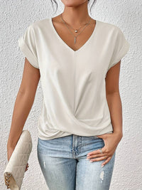 Women's V Neckline Tops with Twist Front and Cap Sleeves