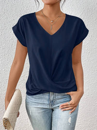 Women's V Neckline Tops with Twist Front and Cap Sleeves