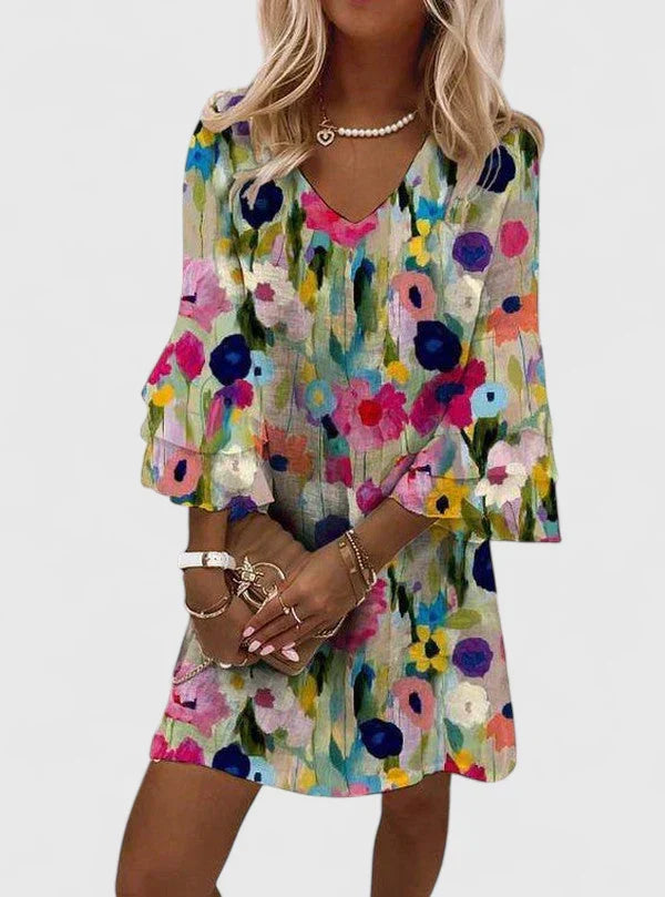 Women's Mini Summer Dress with Floral Print and Bell Sleeves