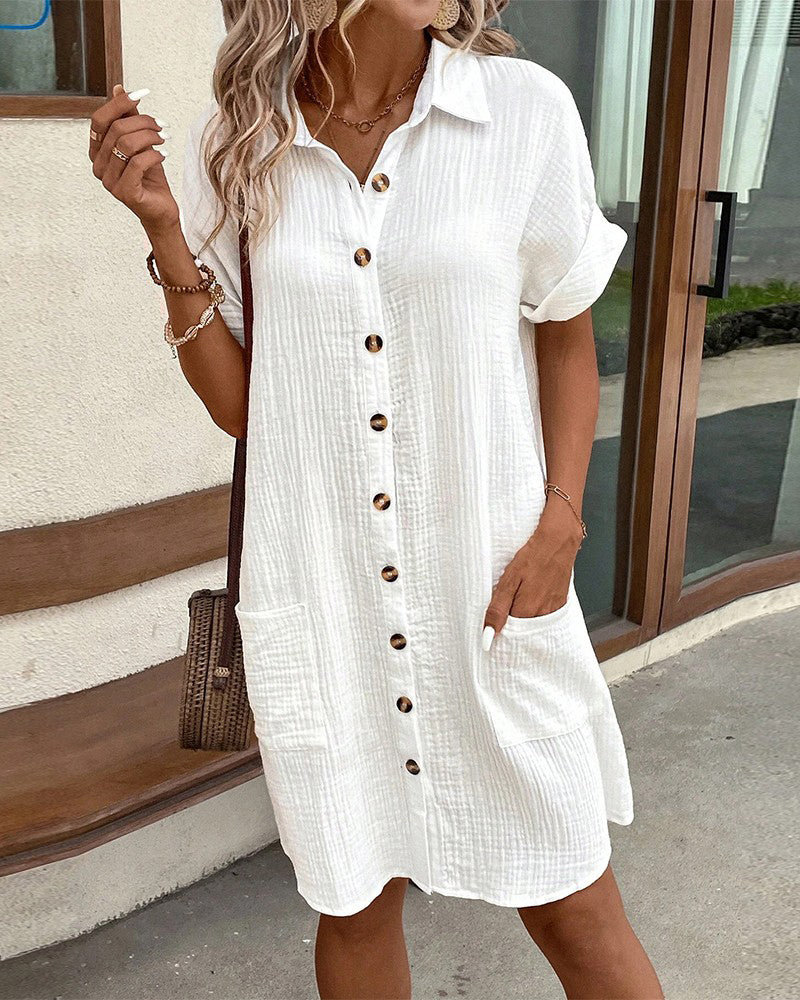 Women's Mini Shirt Dress with Short Sleeves and Side Pockets