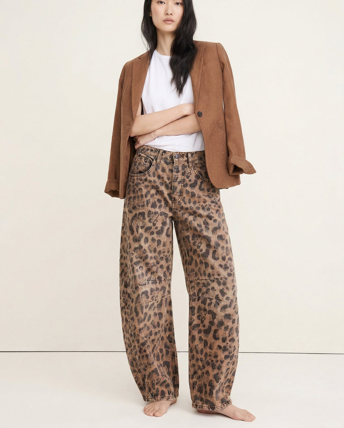 Women's Wide Leg Trousers with Animal Print and High Waist
