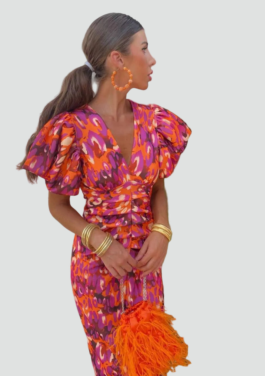 Women's Midi Wedding Guest Dress with V Neckline and Puff Sleeves