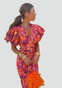Women's Midi Wedding Guest Dress with V Neckline and Puff Sleeves