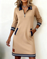 Women's Mini Shirt Dress with Zip Collar and Long Sleeves