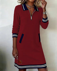 Women's Mini Shirt Dress with Zip Collar and Long Sleeves