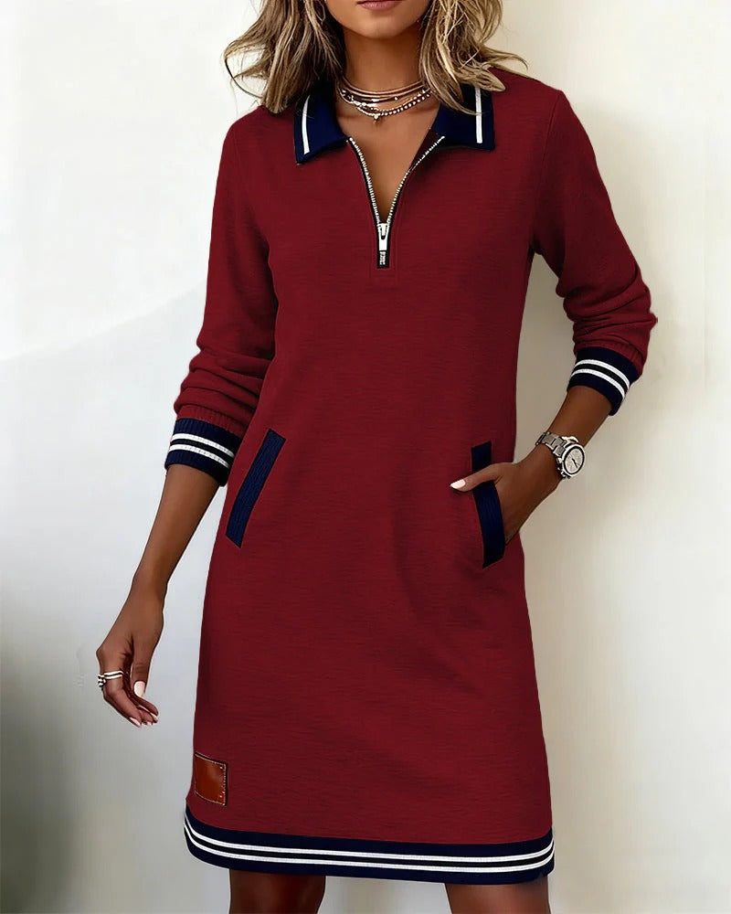 Women's Mini Shirt Dress with Zip Collar and Long Sleeves