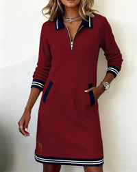 Women's Mini Shirt Dress with Zip Collar and Long Sleeves