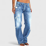 Women's Straight Leg Jeans with Distressed Detail and Mid Rise