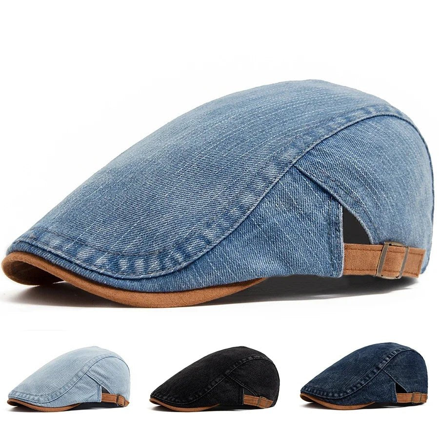 Men's Classic Denim Flat Cap with Adjustable Strap Close Up
