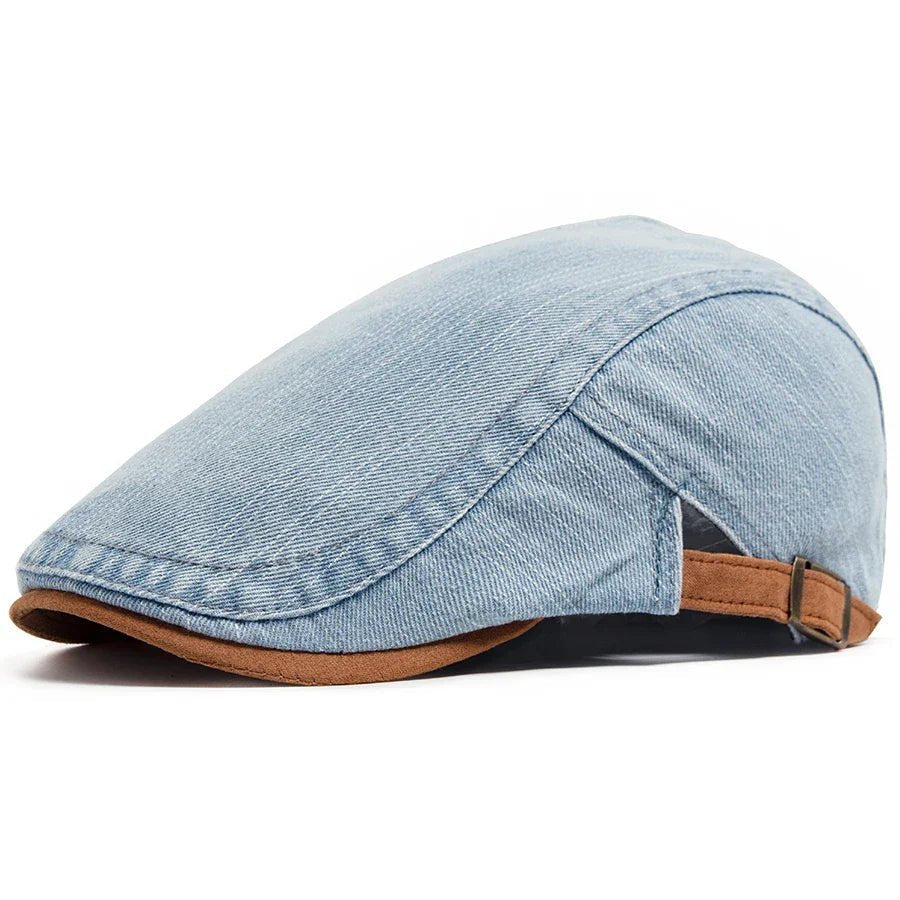 Men's Classic Denim Flat Cap with Adjustable Strap Detail