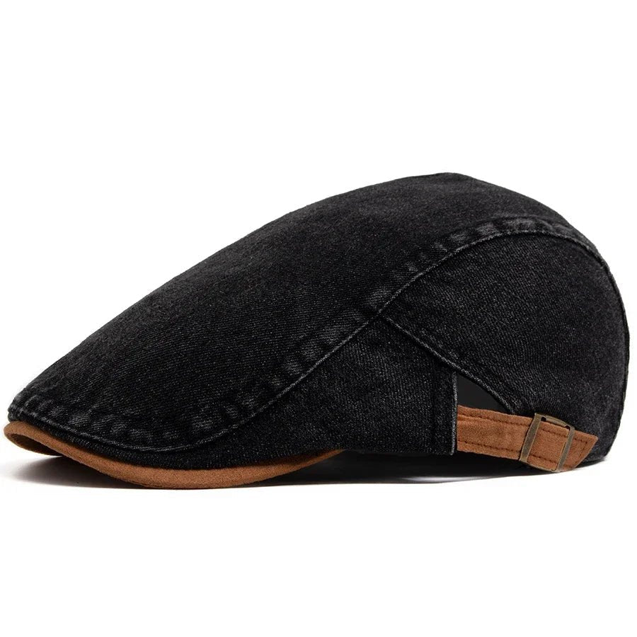 Men's Classic Denim Flat Cap with Adjustable Strap Front