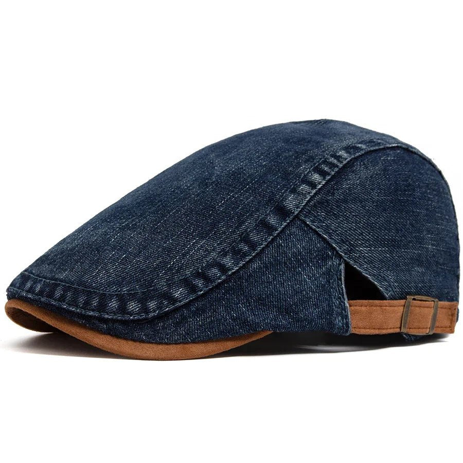 Men's Classic Denim Flat Cap with Adjustable Strap Side