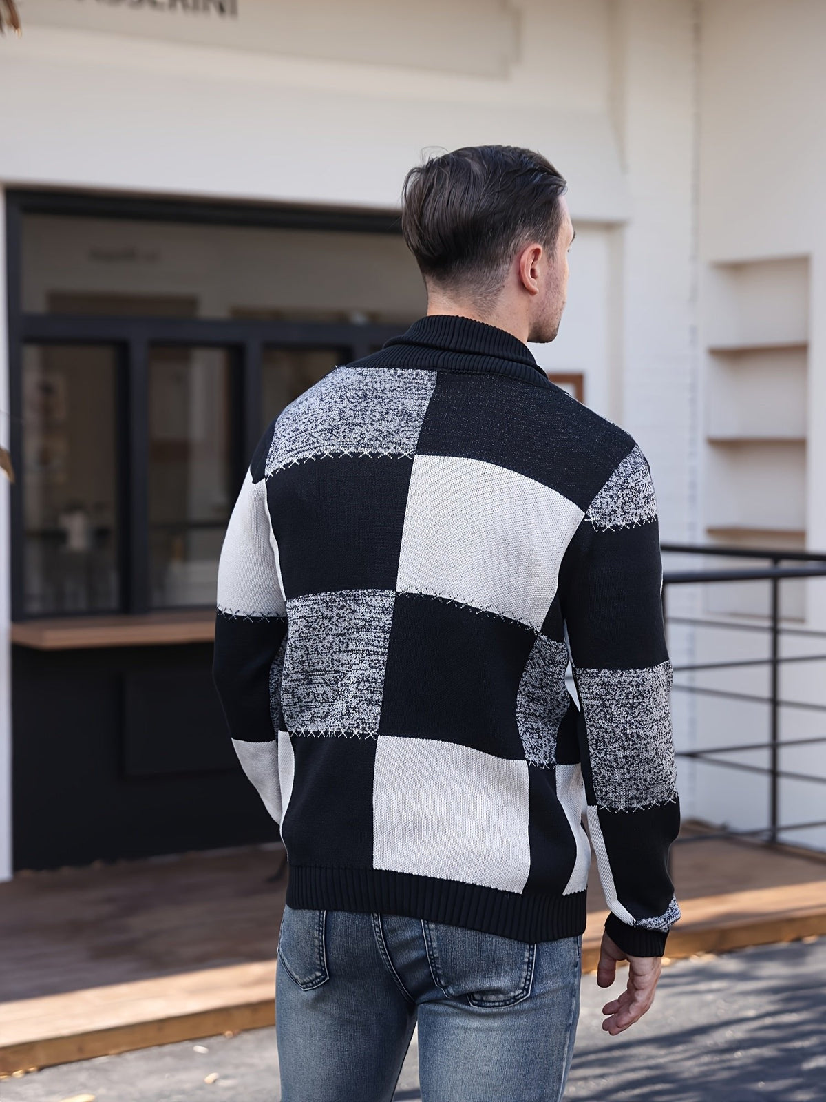 Men's Colour Block Button Up Cardigan Back