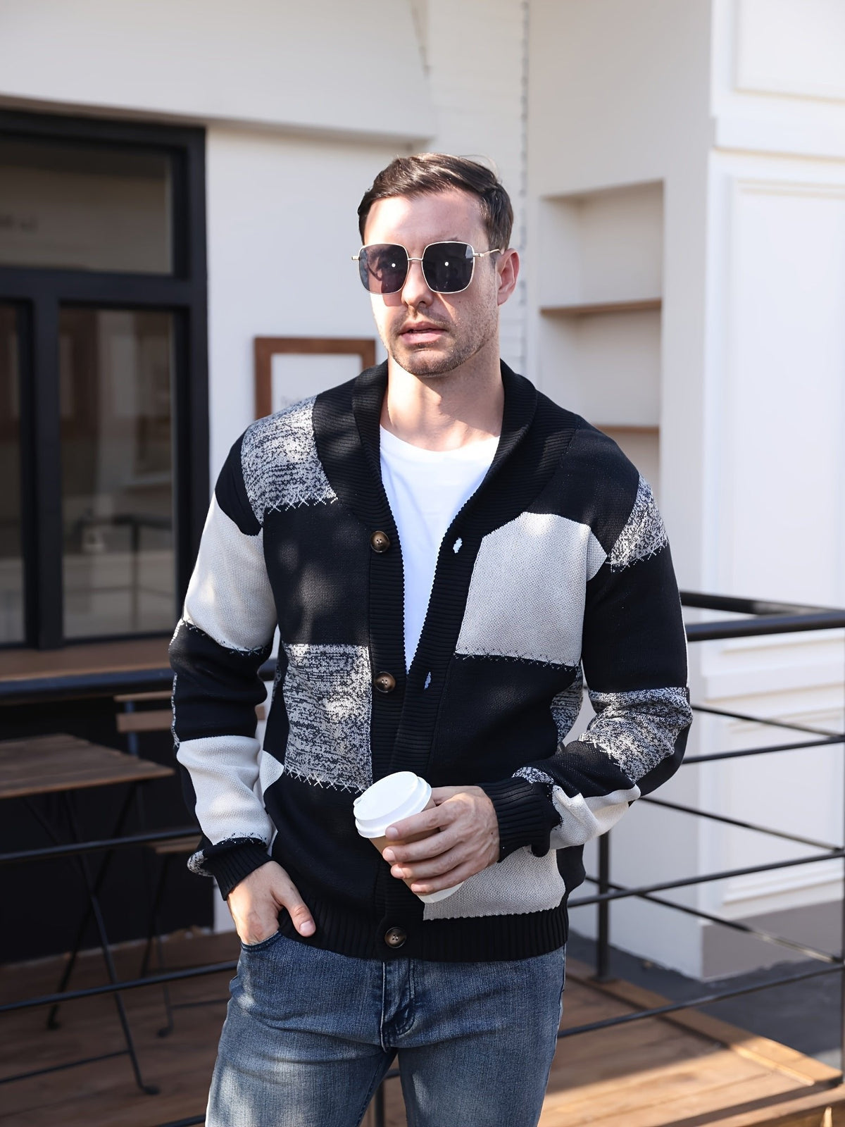 Men's Colour Block Button Up Cardigan Front