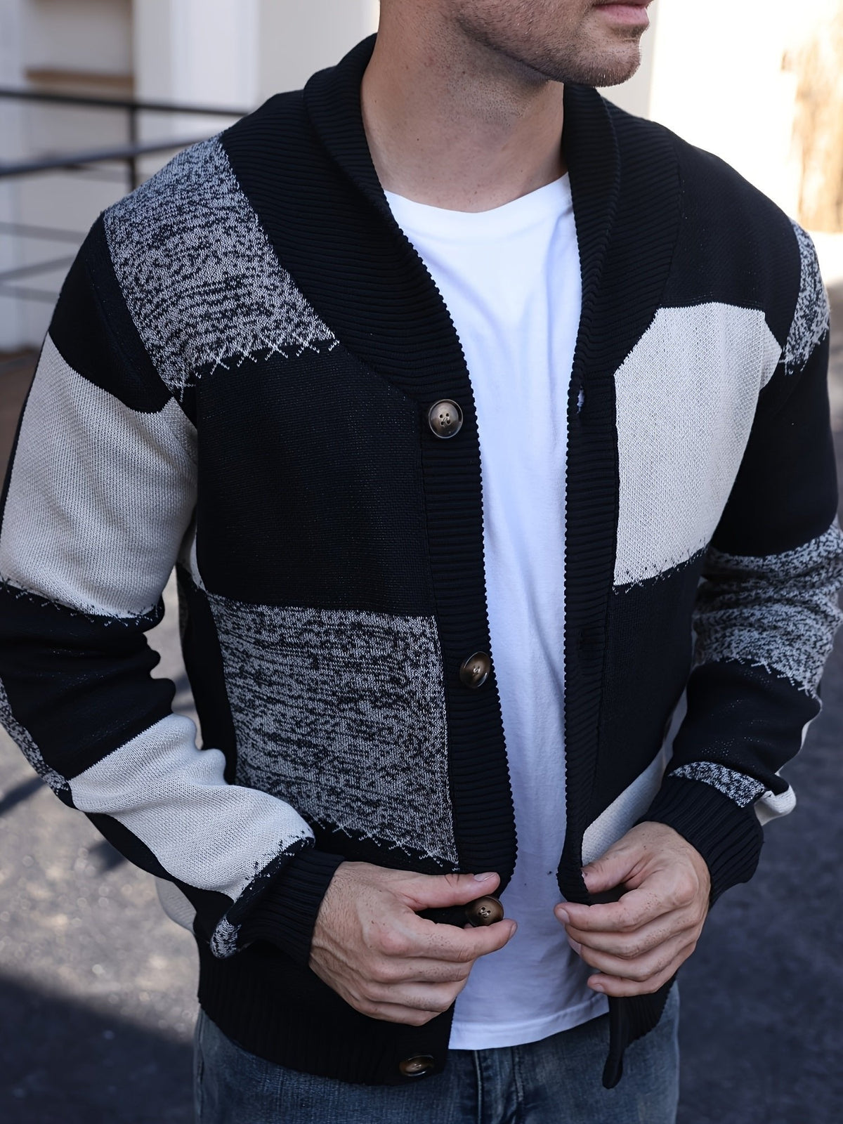 Men's Colour Block Button Up Cardigan Side