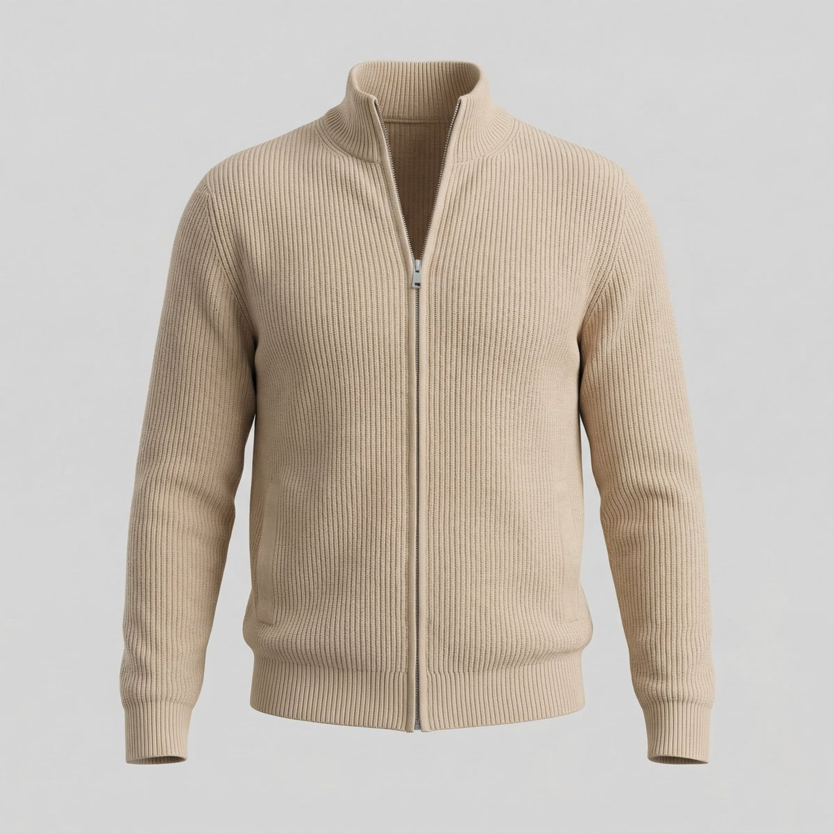 Men's Knitted Zip Up Cardigan with Ribbed Collar Back
