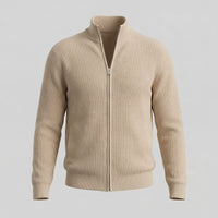 Men's Knitted Zip Up Cardigan with Ribbed Collar Back