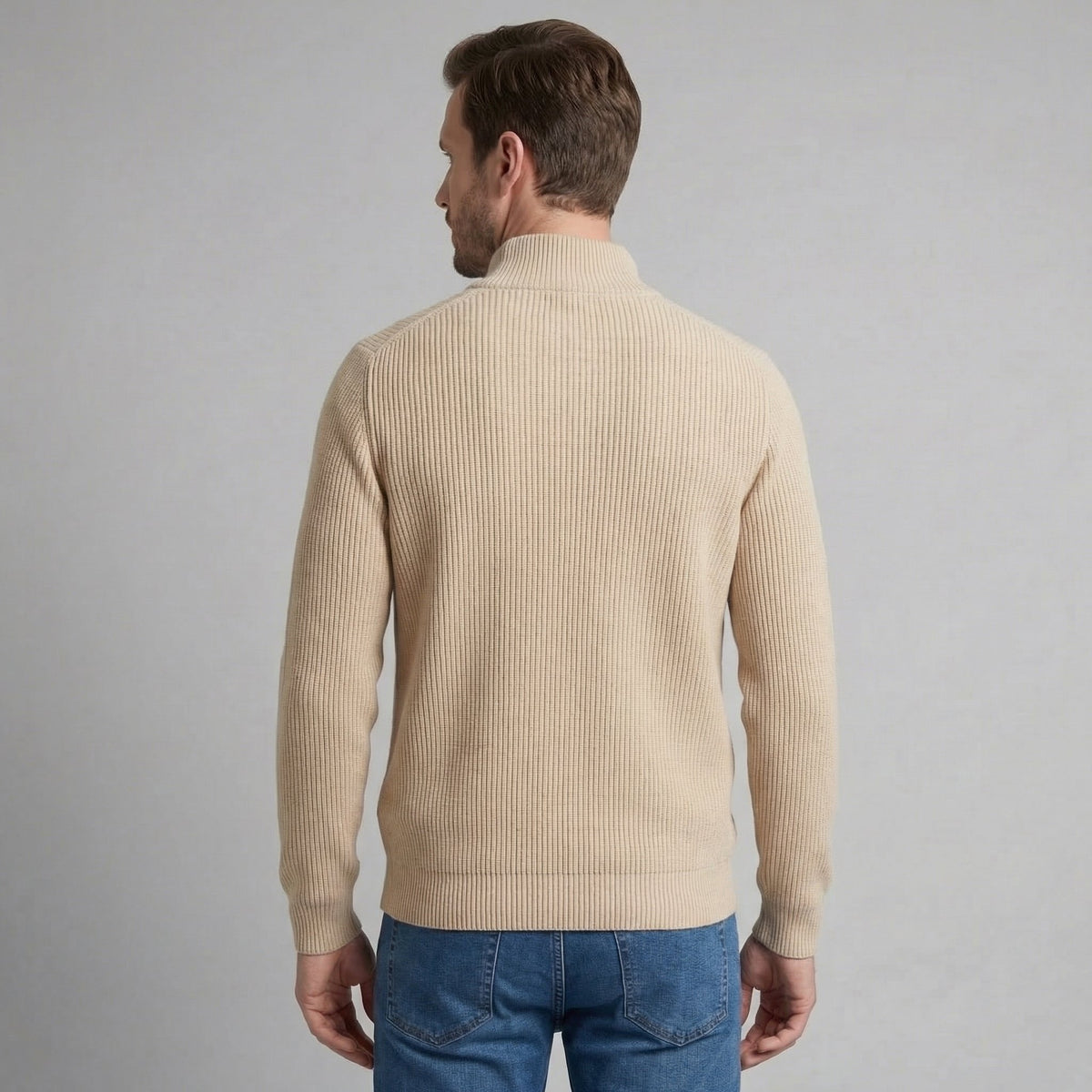 Men's Knitted Zip Up Cardigan with Ribbed Collar Detail
