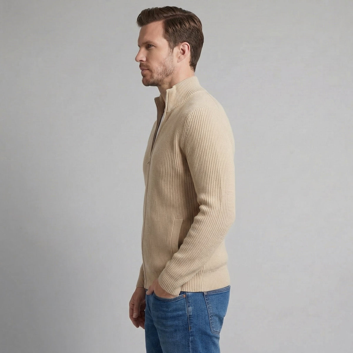 Men's Knitted Zip Up Cardigan with Ribbed Collar Front