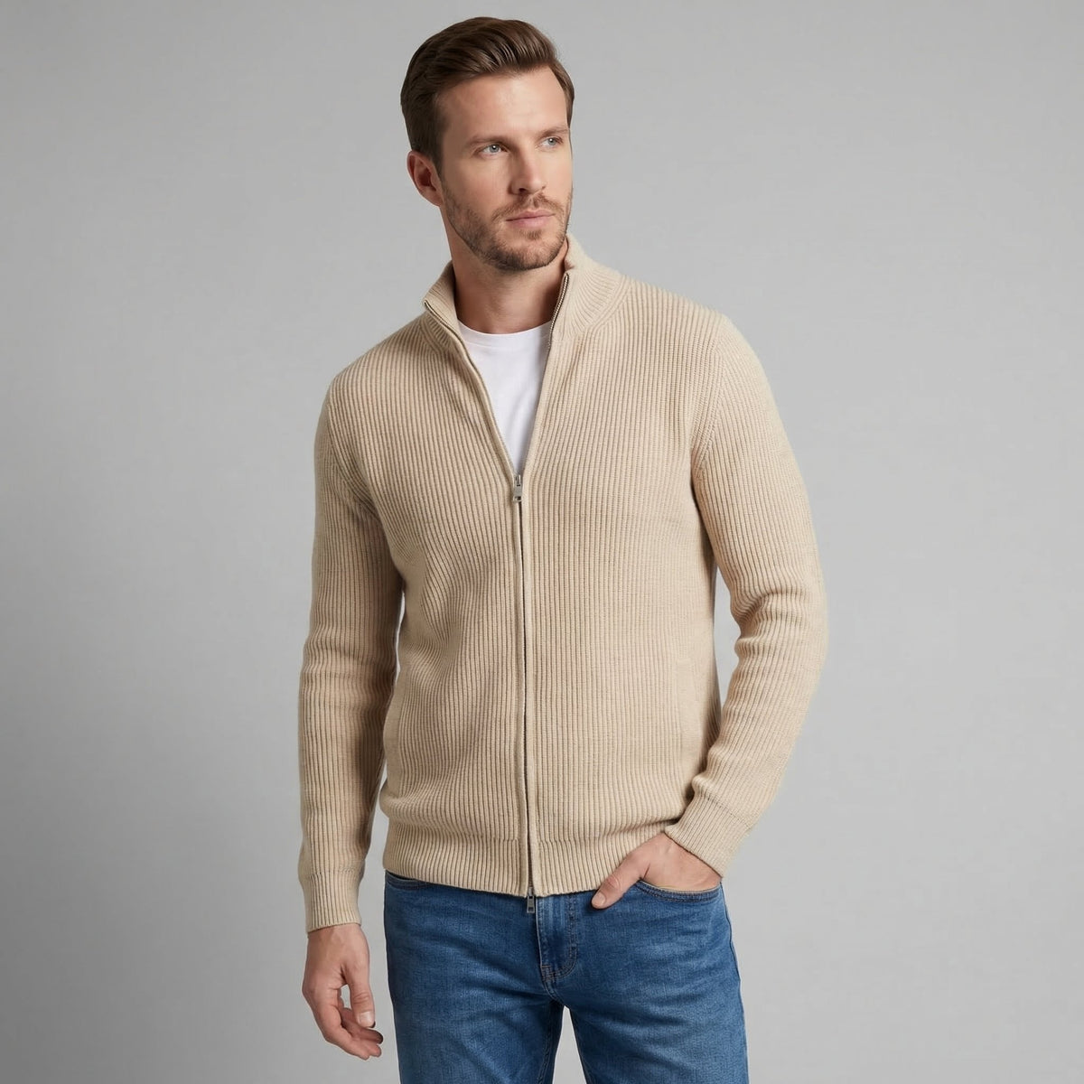 Men's Knitted Zip Up Cardigan with Ribbed Collar Hero