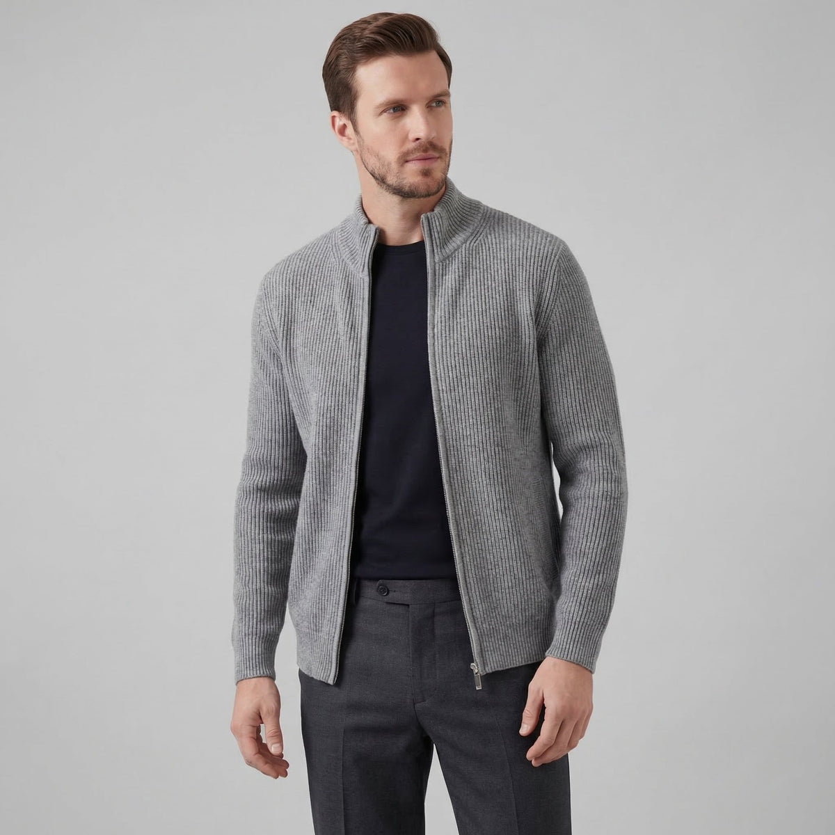 Men's Knitted Zip Up Cardigan with Ribbed Collar View 11