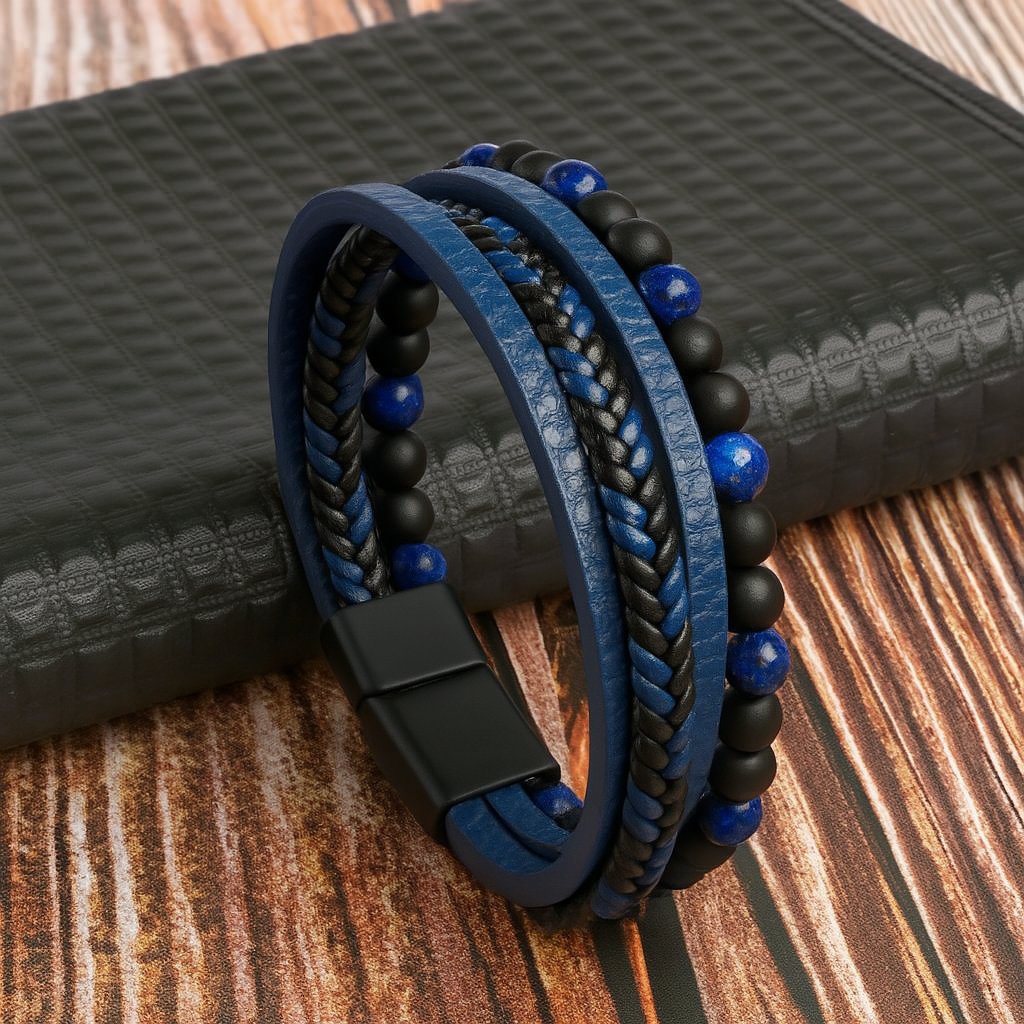 Men's Layered Stone Bead and Leather Bracelet Detail