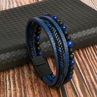 Men's Layered Stone Bead and Leather Bracelet Detail