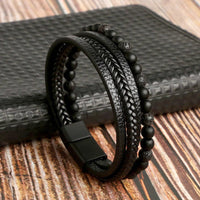 Men's Layered Stone Bead and Leather Bracelet Front
