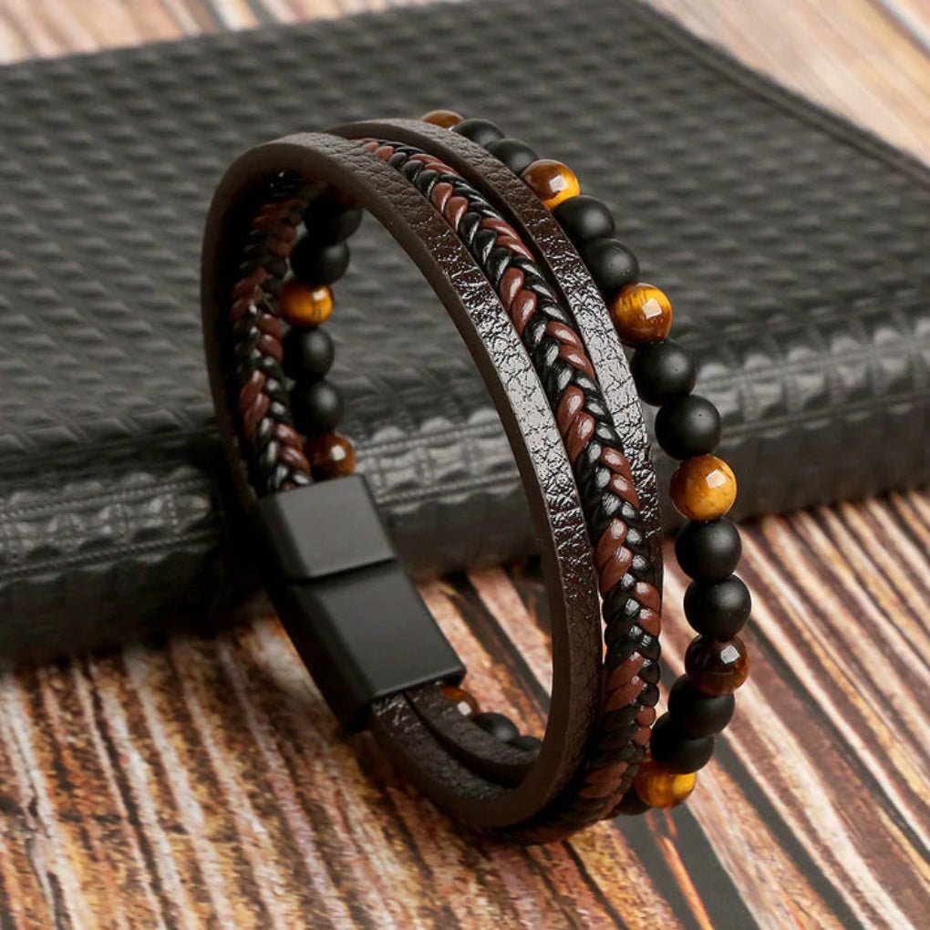 Men's Layered Stone Bead and Leather Bracelet Hero