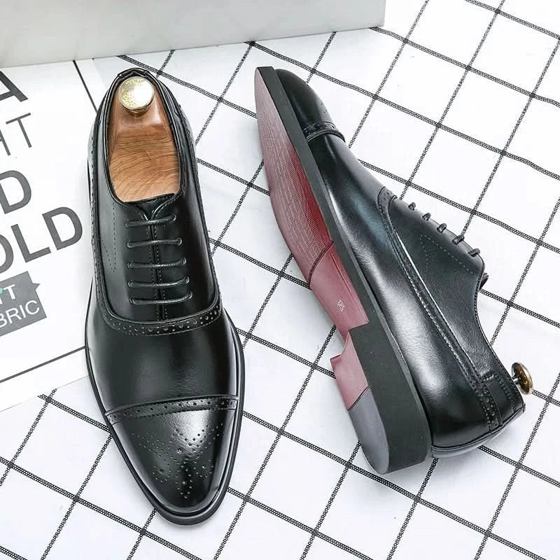 Men's Leather Oxford Brogue Shoes with Cap Toe Side
