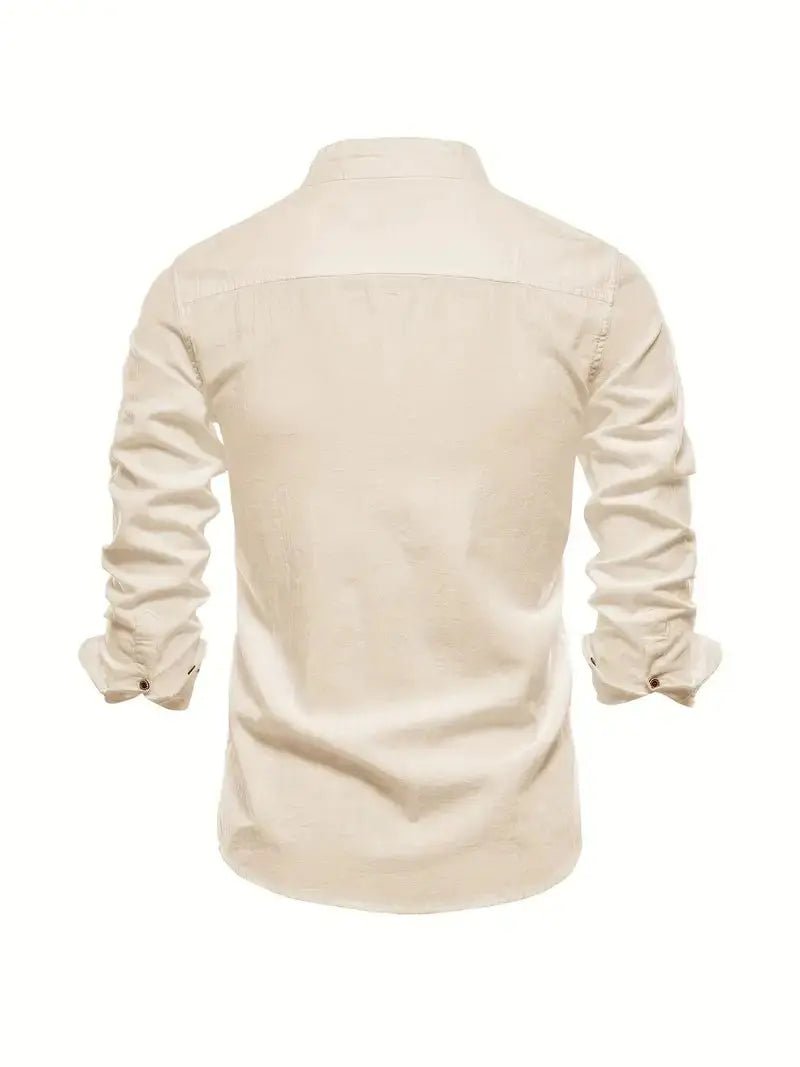 Men's Linen Shirt | Long Sleeves with Stand Collar Close Up