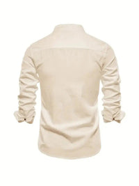 Men's Linen Shirt | Long Sleeves with Stand Collar Close Up