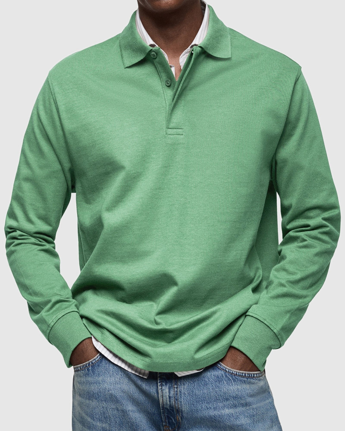 Men's Long Sleeve Polo Shirt with Ribbed Cuffs Close Up